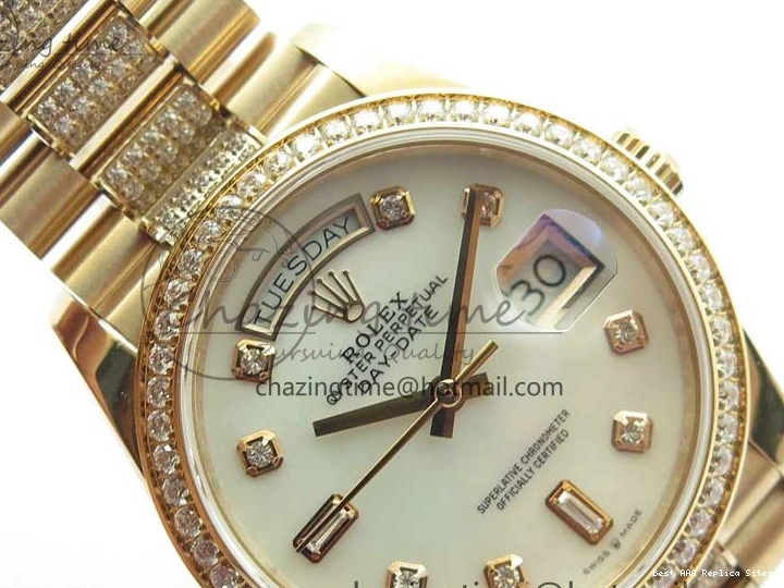 AAA Replica Watches on President A 2689 BP White ComfortFit Crystal Crystal Marker MOP RG Best Edition 128235 Dial Day-Date Bracelet RG 36mm 1218